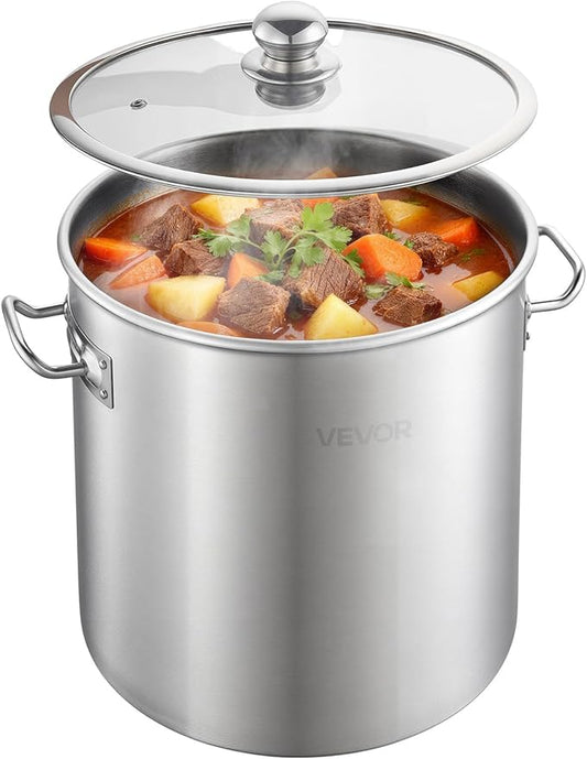 VEVOR Stainless Steel Stock Pot, 21-Quart Stainless Steel Stockpot with Glass Lid, PFOA-Free, PFAS-Free, Compatible with Gas Stoves, Induction Cooktops, Electric Stoves, for Soups, Stews, and Pasta by VEVOR