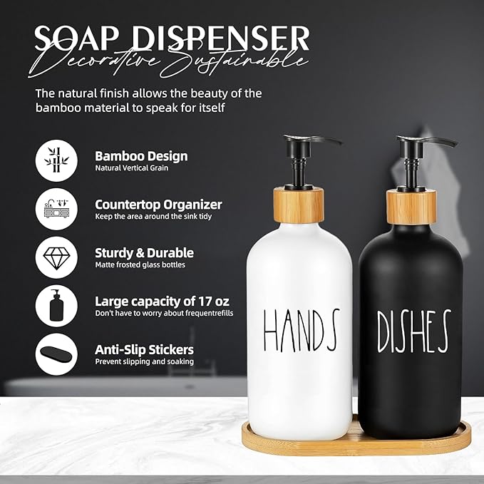 Arktek Glass Soap Dispenser Set with Tray, 2 Pack Hand and Dish Soap Dispenser Set for Bathroom and Kitchen Bottle Dispenser with Dish Soap, Hand Soap, Lotion 17 Oz (Black & White) - Image 3
