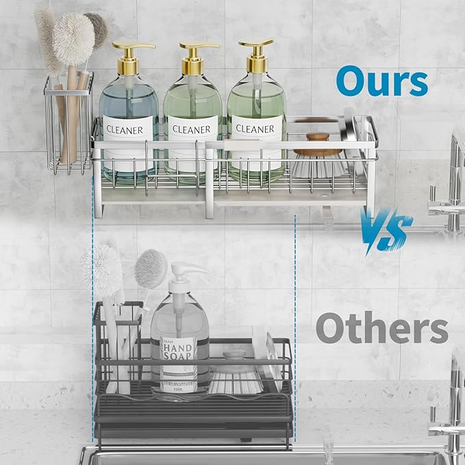 Aurblozen Extra Large Extendable Sponge Holder for Kitchen Sink, Rustproof Sink Caddy Organizer with High Brush Holder, Dish Soap Dispenser Organizers and Storage (Stainless Steel) - Image 3