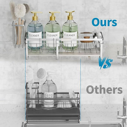 Aurblozen Extra Large Extendable Sponge Holder for Kitchen Sink, Rustproof Sink Caddy Organizer with High Brush Holder, Dish Soap Dispenser Organizers and Storage (Stainless Steel) - Image 3