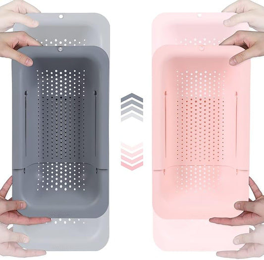 BLUE GINKGO Over the Sink Colander Strainer Basket - Wash Vegetables and Fruits, Drain Cooked Pasta and Dry Dishes - Extendable - New Home Kitchen Essentials (Grey & Pink, 2 Pack) by BLUEGINKGO