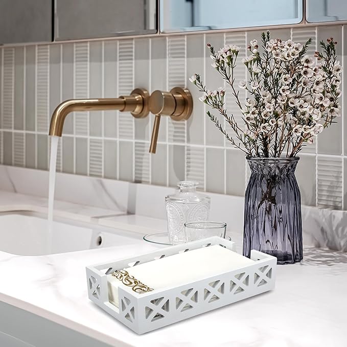 Guest Towel Holder Tray for Bathroom Napkin Holder Modern Disposable Hand Towel Holder Basket White Wooden Napkins Holder for Table Paper Rustic Bathroom Towel Tray Flat Wood Dinner Napkin Holder