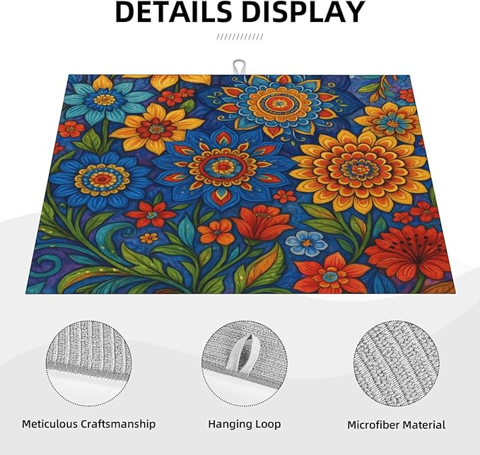 Colorful Mandala Dish Drying Mats for Kitchen Counter, Large 18"x24" Dish Mats for Drying Dishes, Microfiber Absorbent Dish Drying Pad Rack Mat Kitchen Decor Reusable Washable