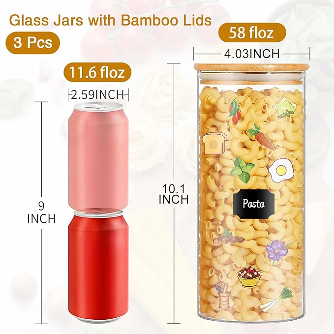 BGraceyy Glass Jars with Bamboo Lids, 58 oz 3 Pcs Kitchen Glass Containers with Bamboo Lids, Airtight Glass Pantry Storage Containers with Lids for Rice, Flour, Nuts, Cookie, Pasta, Oatmeal, Bean - Image 2
