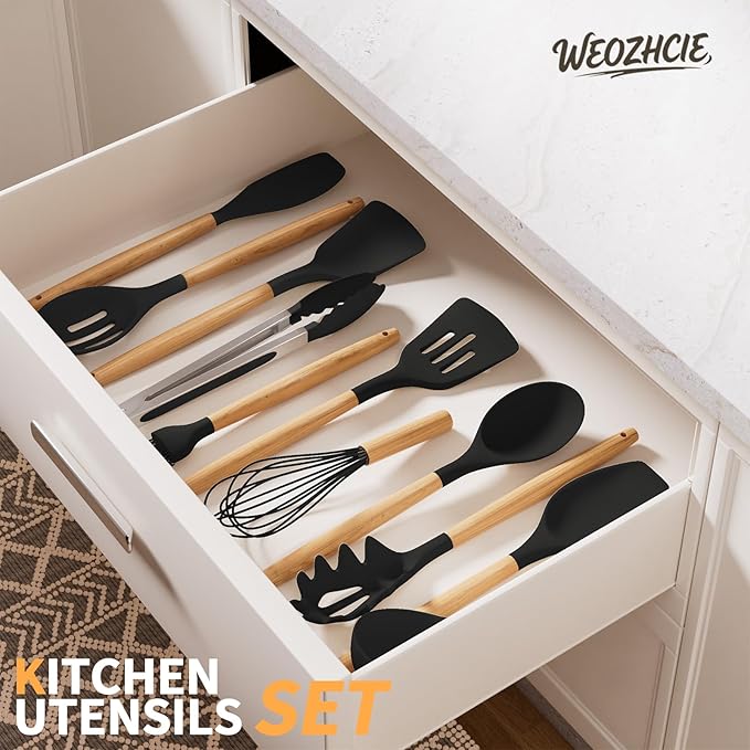 Silicone Cooking Utensil Set,12 PCS Cooking Cookware Kitchen Utensils Set for Cooking, Nonstick 446°F Heat-Resistant Cookware Kitchen Tools of Spoon,Brush,Whisk,Spatula,Turner Tongs (Black) - Image 6