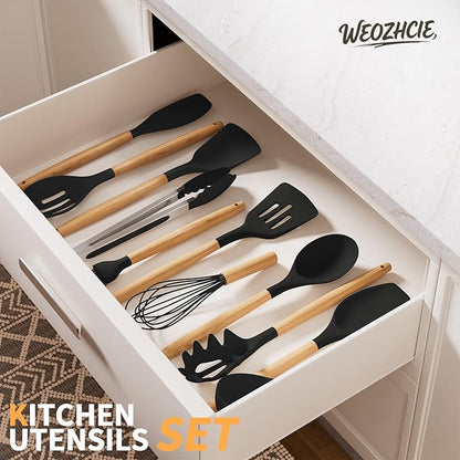 Silicone Cooking Utensil Set,12 PCS Cooking Cookware Kitchen Utensils Set for Cooking, Nonstick 446°F Heat-Resistant Cookware Kitchen Tools of Spoon,Brush,Whisk,Spatula,Turner Tongs (Black) - Image 6