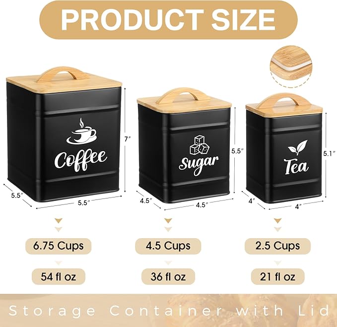 Maxdot 3 Set Coffee Sugar Tea Containers, Square Airtight Kitchen Canisters Storage Ground Organization with Bamboo Lids Rustic Metal Jars for Coffee Bar Beans, Tea Leaves, Food, Countertop(Black) - Image 2