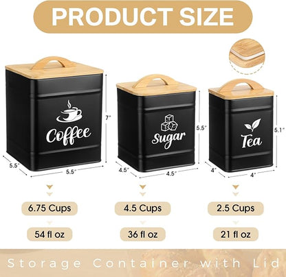 Maxdot 3 Set Coffee Sugar Tea Containers, Square Airtight Kitchen Canisters Storage Ground Organization with Bamboo Lids Rustic Metal Jars for Coffee Bar Beans, Tea Leaves, Food, Countertop(Black) - Image 2