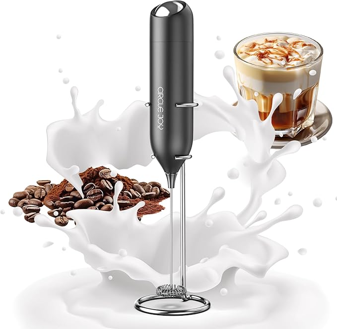 CIRCLE JOY Milk Frother Hanheld with Stand, Electric Coffee Frother, Battery Operated Hand Frother Wand Drink Mixer Mini Foamer for Matcha Lattes Cappuccino, Kitchen Gifts, Black by CIRCLEJOY
