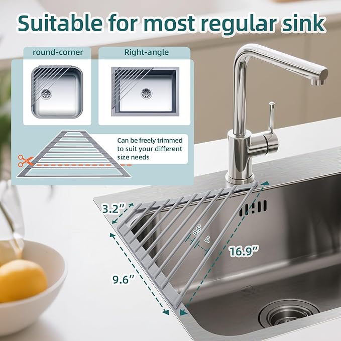 Ohuhu Triangle Roll Up Dish Drying Rack, Anti-Slip Organizer for Kitchen Sink Drying Rack with Full Silicone Wrapped for Top of Sink Coner Grey - Image 2