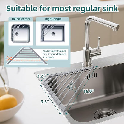Ohuhu Triangle Roll Up Dish Drying Rack, Anti-Slip Organizer for Kitchen Sink Drying Rack with Full Silicone Wrapped for Top of Sink Coner Grey - Image 2