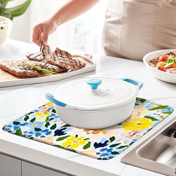 Blue and Yellow Floral Large Dish Drying Mats, Reversible Dish Drying Pads for Kitchen Counter Foldable and Stored in a Drawer,18"x24" Extra Large Draining Mat Protect for Kitchen,Bar Counter - Image 5
