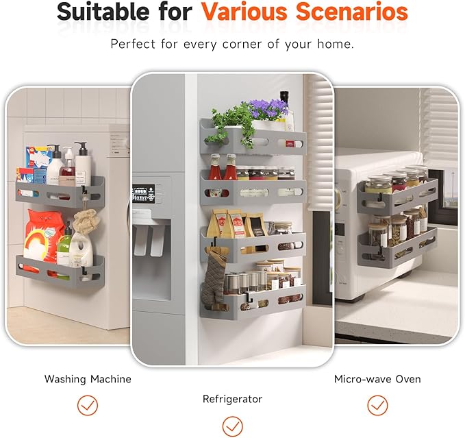 Sevenblue 4 Pack Strong Magnetic Spice Rack for Refrigerator, Multipurpose Magnetic Shelf for Fridge with 4 Hooks for kitchen and Bathroom Organization, Grey - Image 6