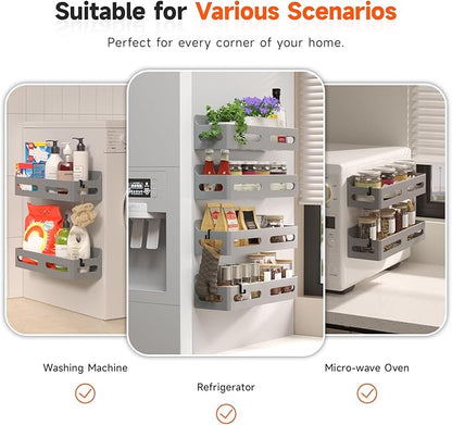 Sevenblue 4 Pack Strong Magnetic Spice Rack for Refrigerator, Multipurpose Magnetic Shelf for Fridge with 4 Hooks for kitchen and Bathroom Organization, Grey - Image 6