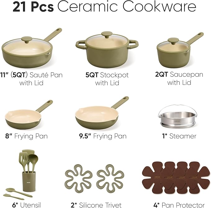 CAROTE 21pcs Cookware Set Nonstick Pots and Pans Set, Ceramic Cookware Set Induction Cookware, Non toxic Healthy Non Stick Kitchen Cooking Set, PFAS PTFE Free - Image 2