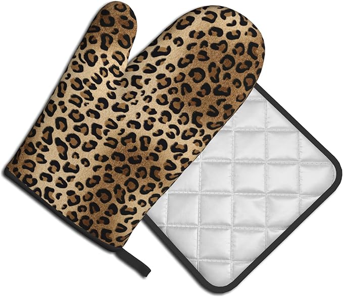 Leopard Print Oven Mitts - Brown Oven Mitts and Pot Holders Sets of 2 Animal Print Kitchen Mitts Hot Pads for Baking Grilling - Image 2
