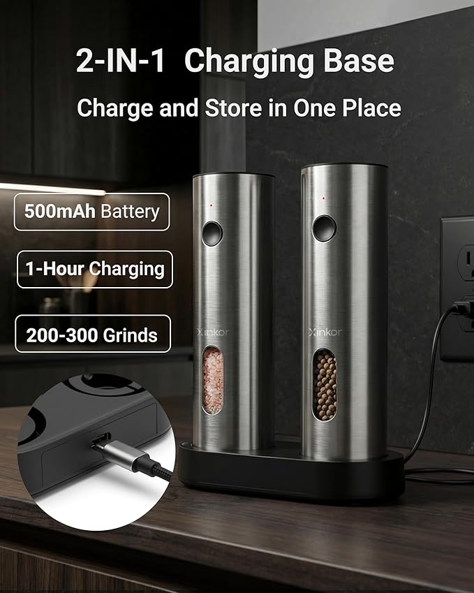 Electric Salt and Pepper Grinder Set with USB-C Charging Base, Stainless Steel Automatic Rechargeable Salt and Pepper Grinder with LED Light & Large Capacity, 6 Adjustable Coarseness Settings