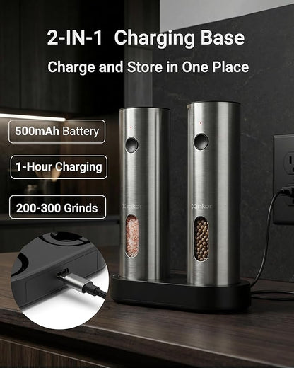 Electric Salt and Pepper Grinder Set with USB-C Charging Base, Stainless Steel Automatic Rechargeable Salt and Pepper Grinder with LED Light & Large Capacity, 6 Adjustable Coarseness Settings