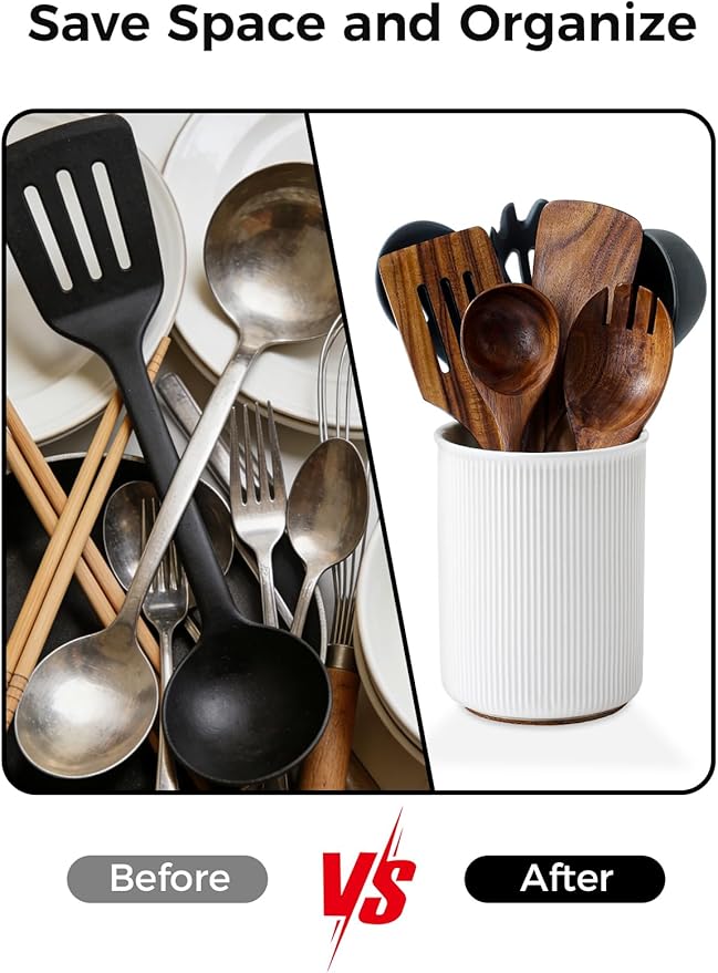 LoeJan 6.7" Utensil Holder, Ceramic Kitchen Utensil Holder with Cork Bottom, Large Utensil Crock for Countertop, Vintage Cooking Tool Organizer Set for Kitchen Counter Decor(White) - Image 6