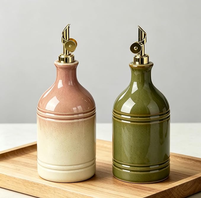 Ceramic Olive Oil Dispenser Bottle for Kitchen with Gold Gravity Spout, Large Capacity 23.6oz/700ml Oil Container, Suitable for Storage Olive Oil, Vinegar, Soy Sauce, Lemon Juice(Green)