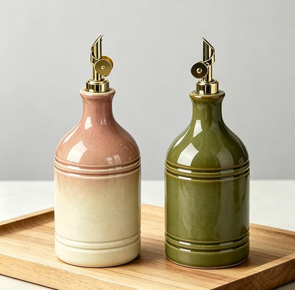 Ceramic Olive Oil Dispenser Bottle for Kitchen with Gold Gravity Spout, Large Capacity 23.6oz/700ml Oil Container, Suitable for Storage Olive Oil, Vinegar, Soy Sauce, Lemon Juice(Green)