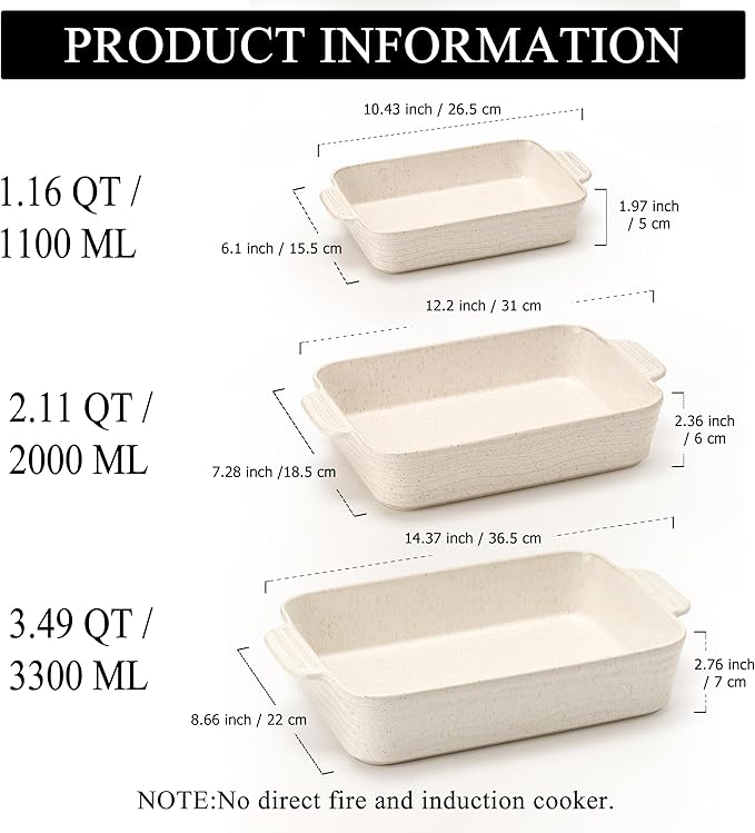 Ceramic Baking Dish Set of 3, Casserole Dishes for Oven, Square Porcelain Bakeware Set with Handles, Lasagna Baking Pan for Cooking, Perfect for Baking and Serving, Housewarming, Halloween, Thanksgiving, Christmas, New Year-Reactive White - Image 2