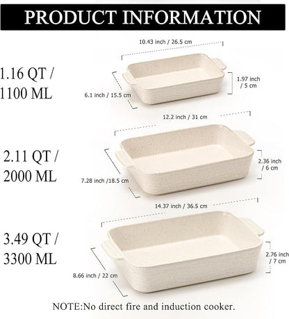 Ceramic Baking Dish Set of 3, Casserole Dishes for Oven, Square Porcelain Bakeware Set with Handles, Lasagna Baking Pan for Cooking, Perfect for Baking and Serving, Housewarming, Halloween, Thanksgiving, Christmas, New Year-Reactive White - Image 2