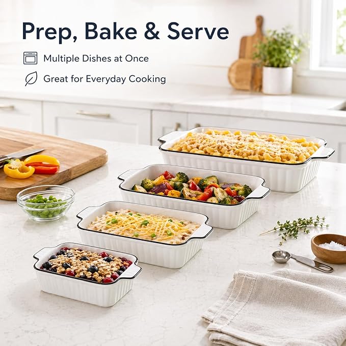 Ceramic Bakeware Set of 4, Deep Rectangular Casserole Dishes for Oven to Table, Non-Stick Lasagna Pans with Handles, Stackable Baking Pans for Family Dinners & Housewarming Gift - Image 8