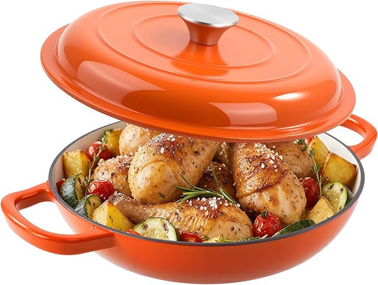 3 Quart Enameled Cast Iron Braiser, Non Stick Enameled Cast Iron Skillet with Lid, Dutch Oven Skillet with lid up to 500°F for Oven, Stove, Grill, Shallow Dutch Oven for Cook, Bake (Orange)