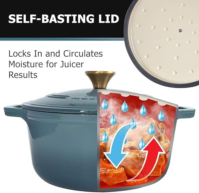 MUELLER HOME 7.5 Quart Enameled Cast Iron Pot Dutch Oven, Heavy-Duty, Oven-Safe up to 500° F & Across All Cooktops, Bread Pan with Lid & Knob, Cast Iron Cookware, Blue Kitchen Accessories,Mineral Blue - Image 3