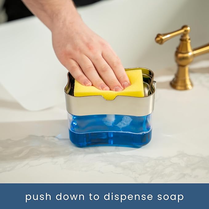 S&T INC. Dish Soap Dispenser and Sponge Holder for Kitchen Sink, Sponge Included, 13 Ounces, Metallic Silver - Image 2