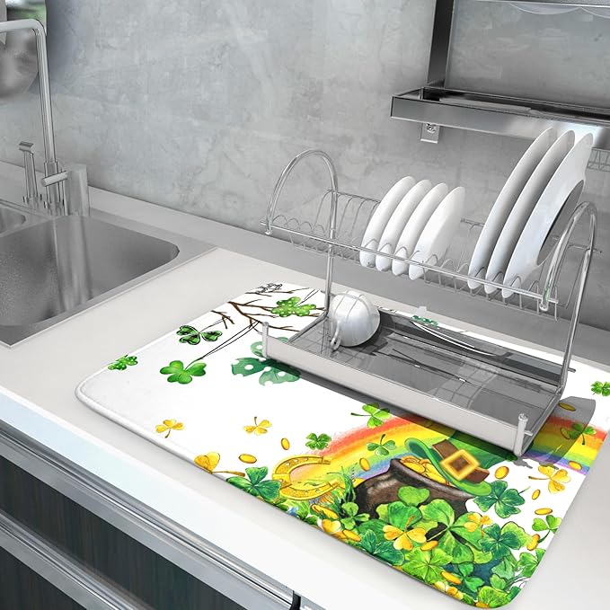 Giwawa St Patrick Dish Drying Mat Large Lucky Clover Tree Shamrock Dish Drainer Mats 18x24inch Spring Elf Hat Rainbow Colorful Fast Drying Absorbent Dish Drying Pad for Kitchen Counter Decor