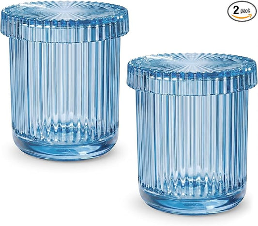 2 Pack Qtip Holder - Apothecary Jars with Lids, Bathroom Organizers and Storage Canister for Cotton Balls,Swabs,Floss Picks,Hair Ties,Clear Glass Vintage Bathroom Decor Jar Set (Blue)