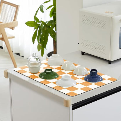 Ohocut Checkered Dish Drying Mat for Kitchen Counter, Coffee Bar Station Accessories, Retro Cute Aesthetic Modern Absorbent Drainer Mat Kitchen Drying Mat Easy Clean, Orange 16" x 24" - Image 3