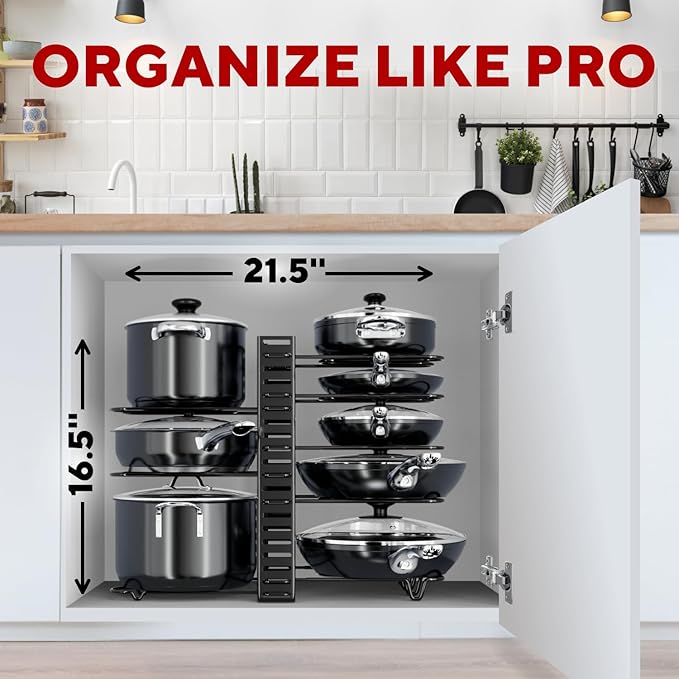 Pots and Pans Organizer Under Cabinet - 8-Tier Adjustable Pan Organizer Rack for Cabinet - Heavy-Duty Pot & Pan Organizer - Perfect to Store Pots, Pans, Lids - Easy Kitchen Organization and Storage - Image 3