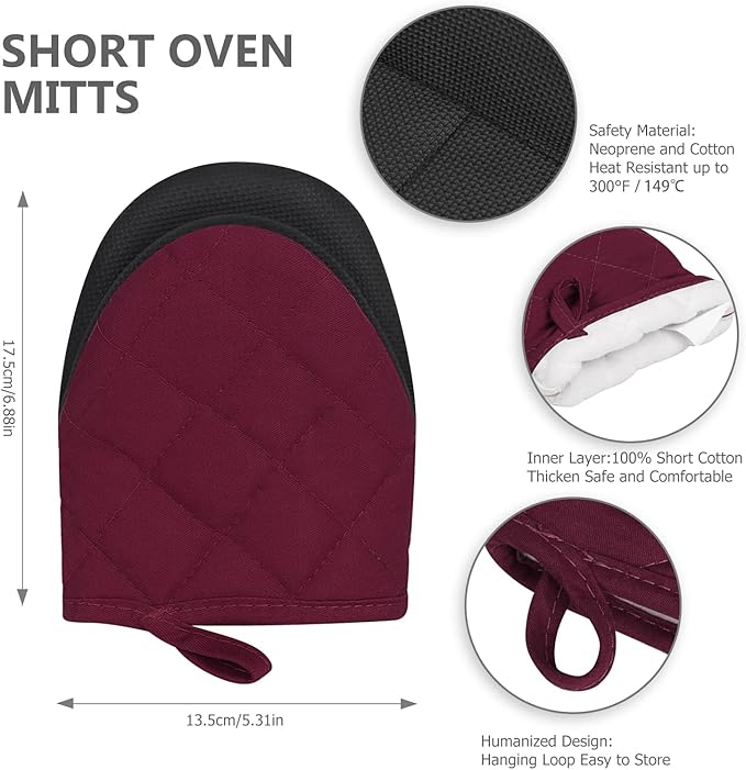 1 Pair Short Oven Mitts - Silicone Kitchen Oven Gloves High Heat Resistant 500℉, Mini Oven Mits with Non-Slip Grip Surfaces and Hanging Loop for BBQ, Baking, Cooking and Grilling (Dark Red) - Image 3