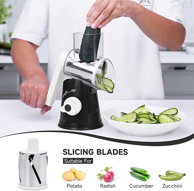 Rotary Cheese Grater with Handle, Kitchen Mandoline Vegetable Slicer with 3 Interchangeable Blades & Strong Suction Base, Easy to Clean Grater for Vegetables, Fruit, Nuts, Black - Image 3