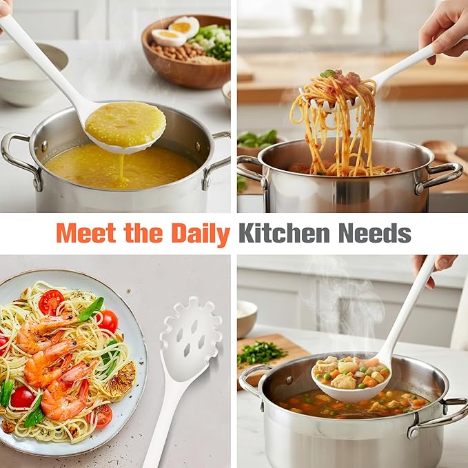 Silicone Spaghetti Spoon&Soup Ladle Cooking Utensils Set of 2,No Scratch for Nonstick Cookware,BPA Free, 450℉ Heat Resistant (White) - Image 3