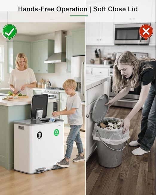 Lovewind 2×11.5 Gallon Dual Trash Can, Stainless Steel Dual Garbage and Recycling Can with Foot Pedal, 90° Stay-Open Lid, Pet-Proof Design – Large Dual Compartment Trash Recycling Bins Kitchen, White