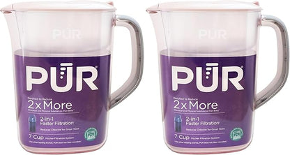 PUR 7-Cup Water Pitcher, 1 Genuine Filter, Cleaner, Great-Tasting Water, Dishwasher Safe, Powerful, Faster Filtration, LockFit Cap Design - Blush (Pack of 2)