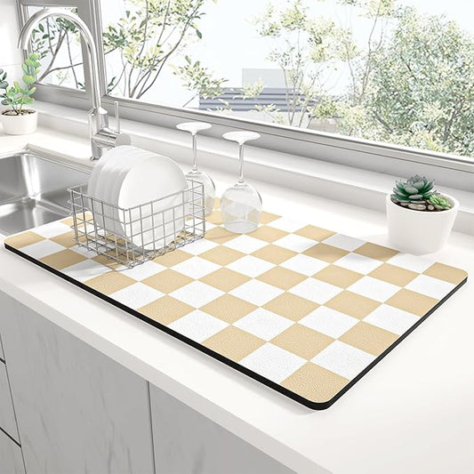 Rnivvi Dish Drying Mat for Kitchen Counter, 12 x 19" Cute Checkered Absorbent Draining Pad, Non-Slip Heat Resistant Coffee Bar Mats for Coffee Machine Station Accessories, Beige White Dish Rack Pad by Rnivvi