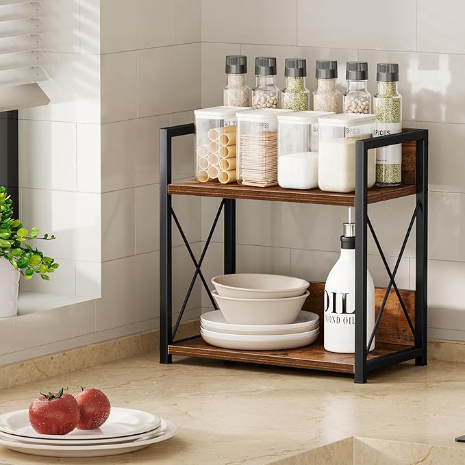 Giikin Kitchen Countertop Organizer, 2 Tier Spice Rack Organizer for Pantry, Kitchen Counter Shelf Wood Coffee Station Organizer (Brown, M) - Image 5