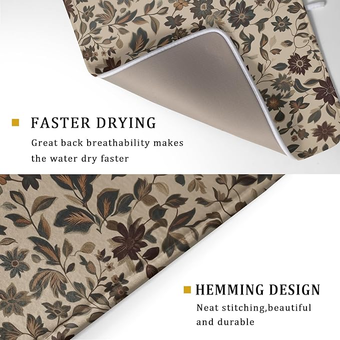 Giwawa 18"x24" Vintage Floral Decorative Dish Drying Mat- Rustic Boho Flowers Dish Drainer Mats- Abstract Antique Plant Reversible Microfiber Dish Drying Pad for Kitchen Countertop Sink Decor