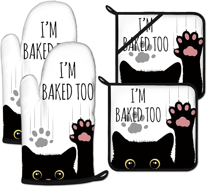 Funny Black Cat Oven Mitts and Pot Holders Sets Heat Resistant 4Pcs Potholders Oven Gloves Hot Pads for Kitchen Baking Cooking Grilling BBQ