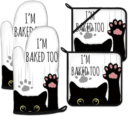 Funny Black Cat Oven Mitts and Pot Holders Sets Heat Resistant 4Pcs Potholders Oven Gloves Hot Pads for Kitchen Baking Cooking Grilling BBQ