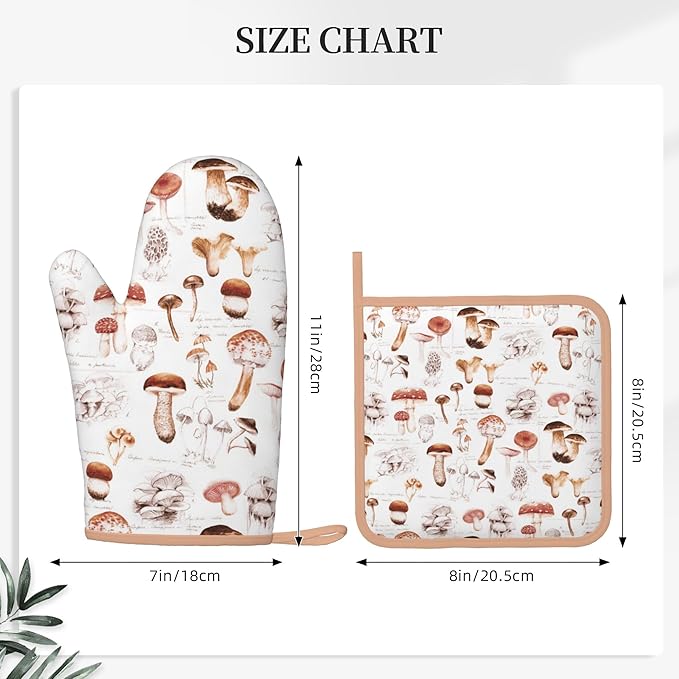 Mushroom Silicone Oven Mitts Pan Mats Set of 2, Heat Resistant Gloves Potholder with Non-Slip Grips Hanging Loops Pot Holder, Spring Summer for Chef Cooking, Baking, Grilling, BBQ