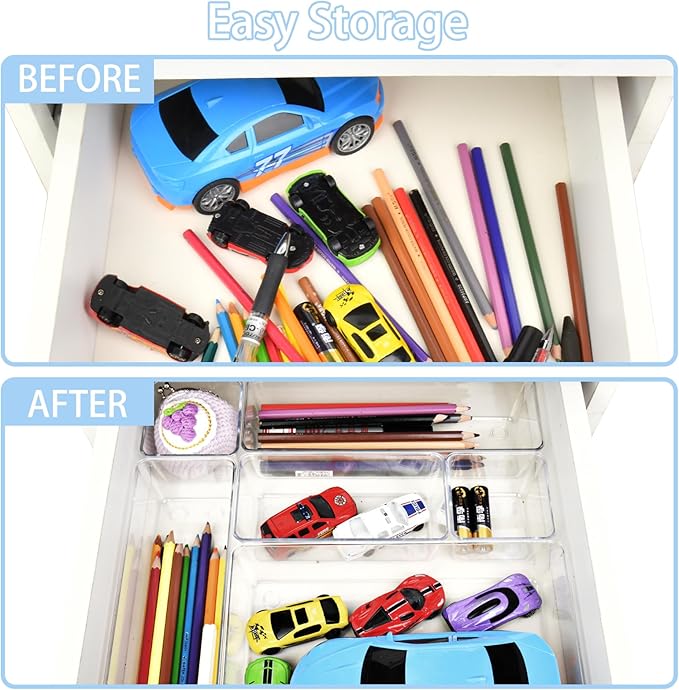Manalete Drawer Organizers Set of 15, 4 Sizes Clear Plastic Drawer Organizers and Storage Bins for Kitchen, Bathroom, Office, Dresser Desk Drawer Organizer Tray for Jewelry, Makeup, Junk, Gadgets - Image 3