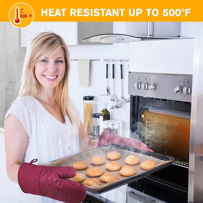 6 Pcs Oven Mitts and Pot Holders, 500℉ Heat Resistant Oven Mitts with Kitchen Towels Soft Cotton Lining and Non-Slip Silicone Surface Safe for Baking, Cooking, BBQ (Red) - Image 2
