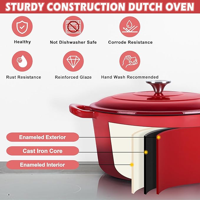 TeamFar 3qt Dutch Oven, Small Enameled Cast Iron Dutch Oven Pot with Lid, For Bread Baking/Stewing/Braising/Frying, Various Stoves & Oven Safe, Non-stick & Easy Clean, Red - Image 4