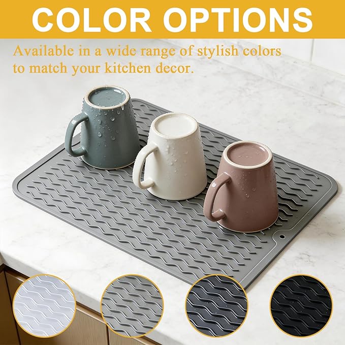 Silicone Dish Drying Mat for Kitchen Counter Eco-Friendly Fast Dry Dish Mat Easy Clean Multi Usage Drying Matt Heat Resistant Trivet Fits Under Rack, Gray 12" x 16"